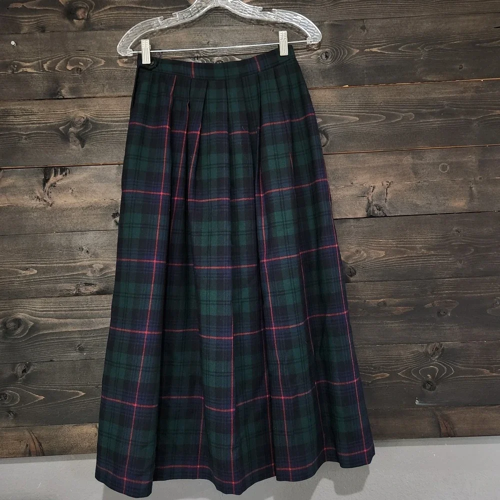 Vintage Wool Green Blue Tartan Plaid Pleated Midi Skirt Waist 25